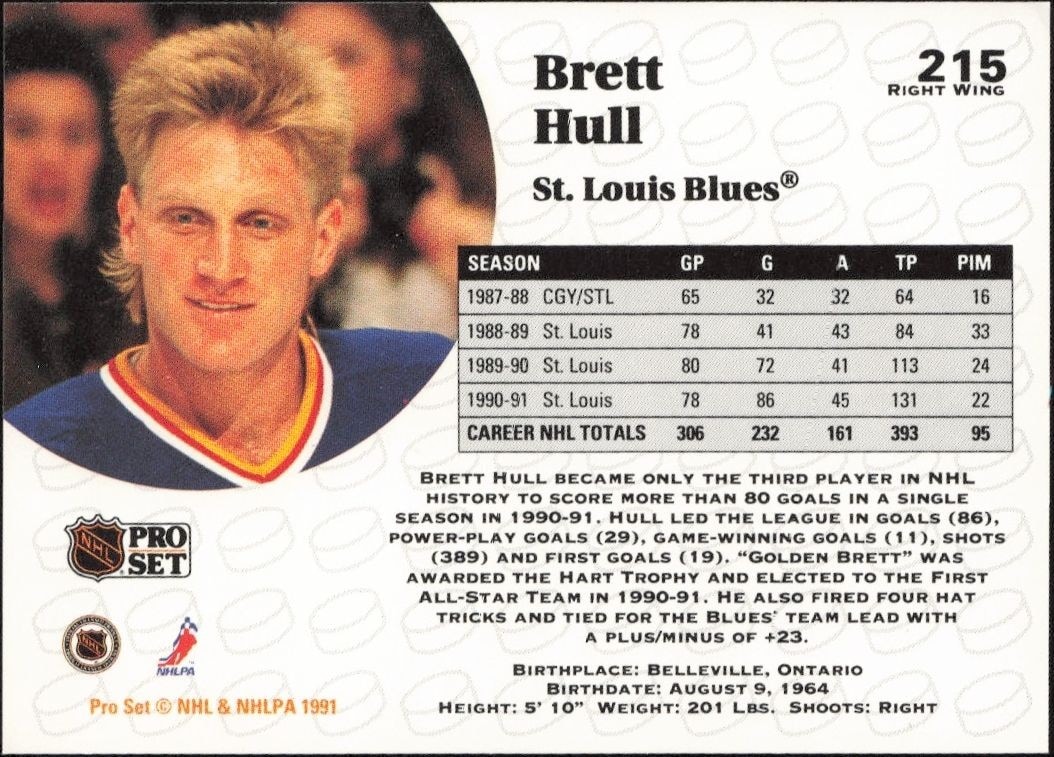 1991-92 Pro Set Brett Hull #215 hockey trading card back