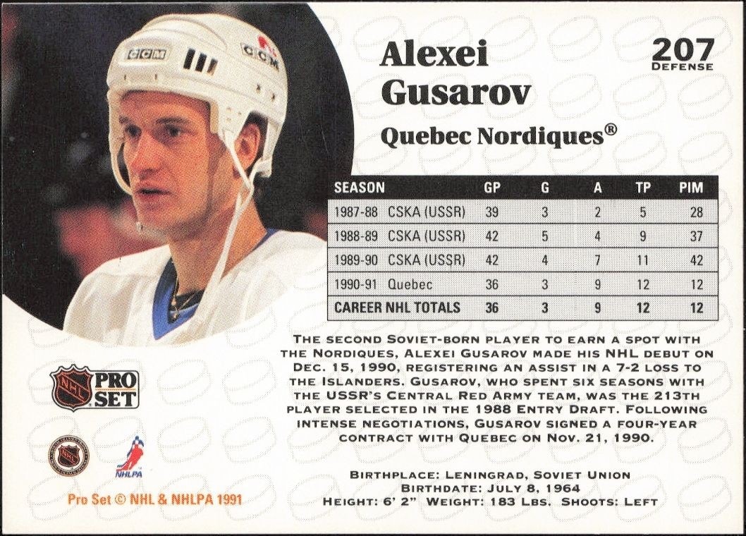 1991-92 Pro Set Alexei Gusarov #207 hockey trading card back