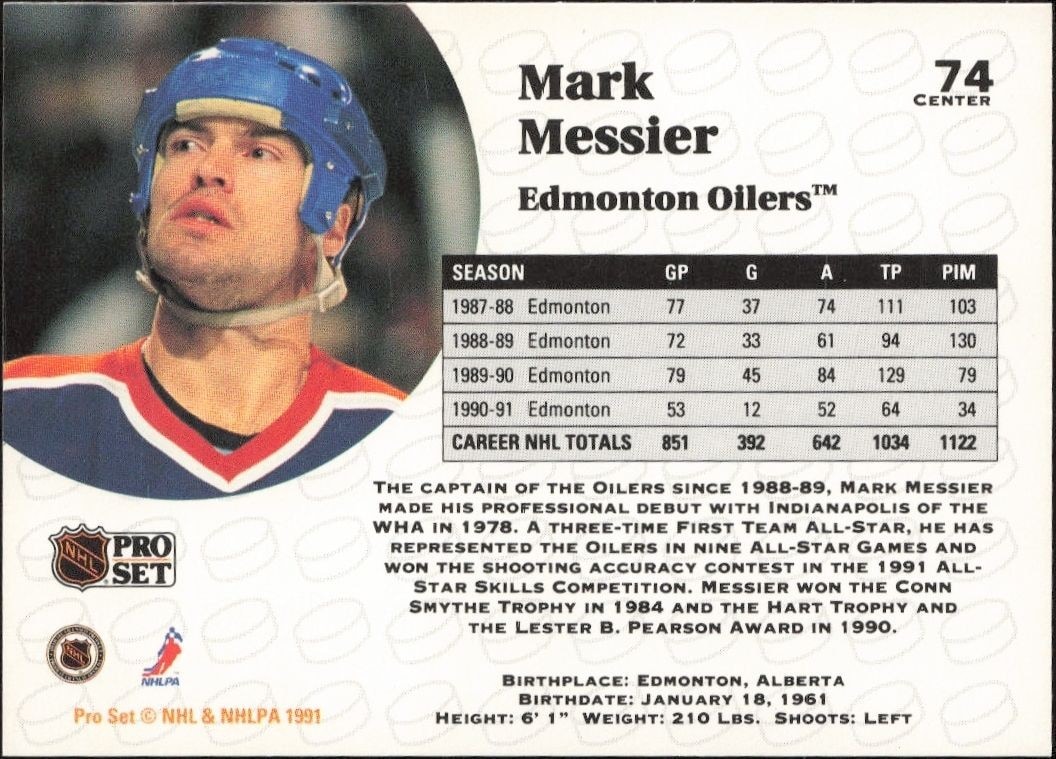 1991-92 Pro Set Mark Messier #74 hockey trading card back