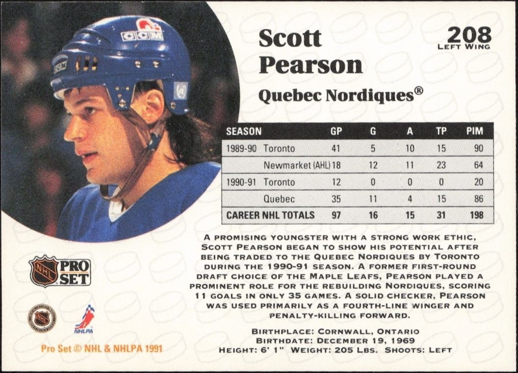 1991-92 Pro Set Scott Pearson #208 hockey trading card back