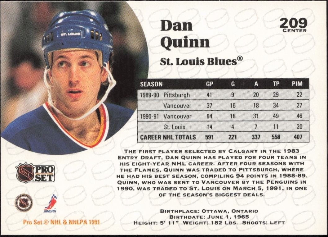 1991-92 Pro Set Dan Quinn #209 hockey trading card back