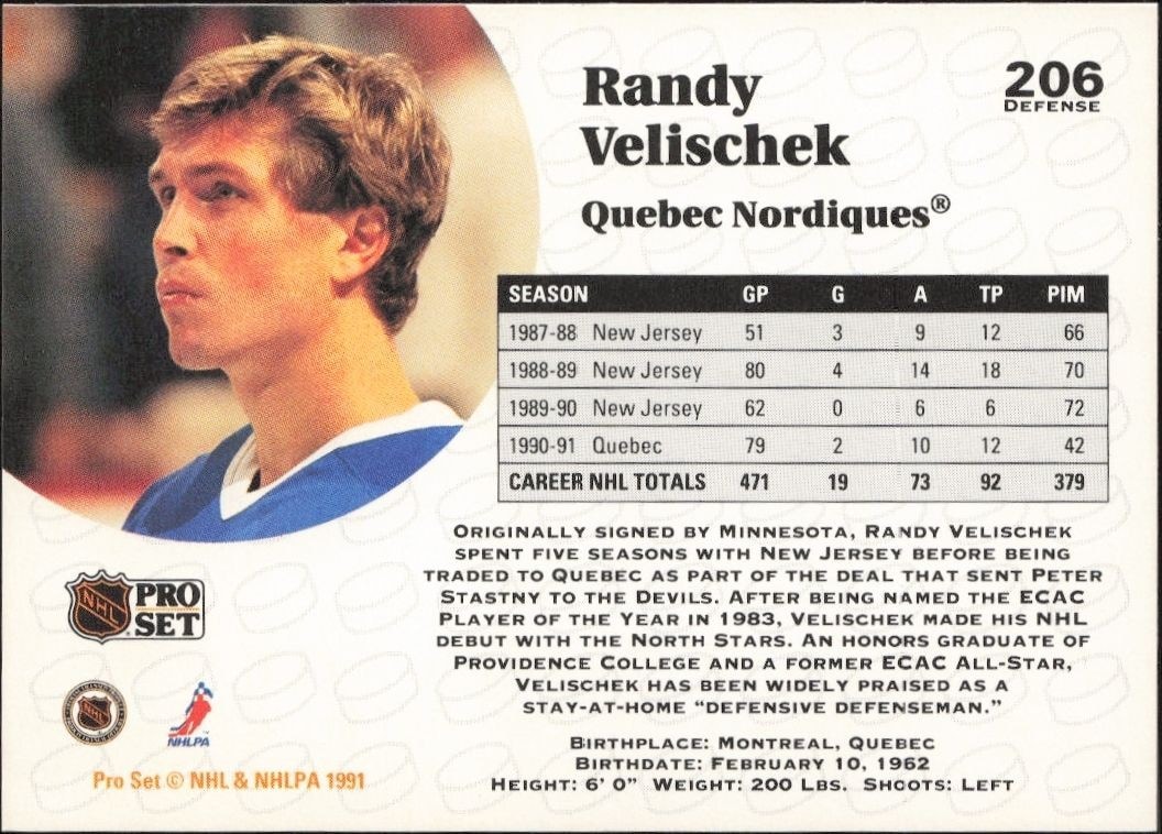 1991-92 Pro Set Randy Velischek #206 hockey trading card back