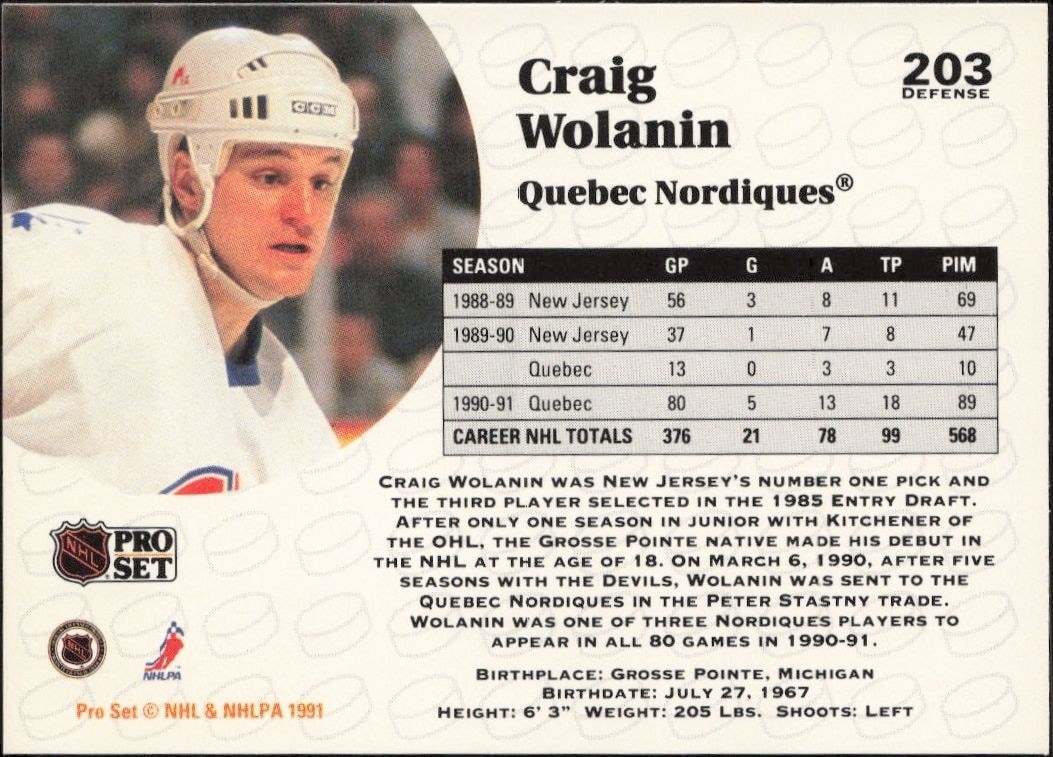 1991-92 Pro Set Craig Wolanin #203 hockey trading card back