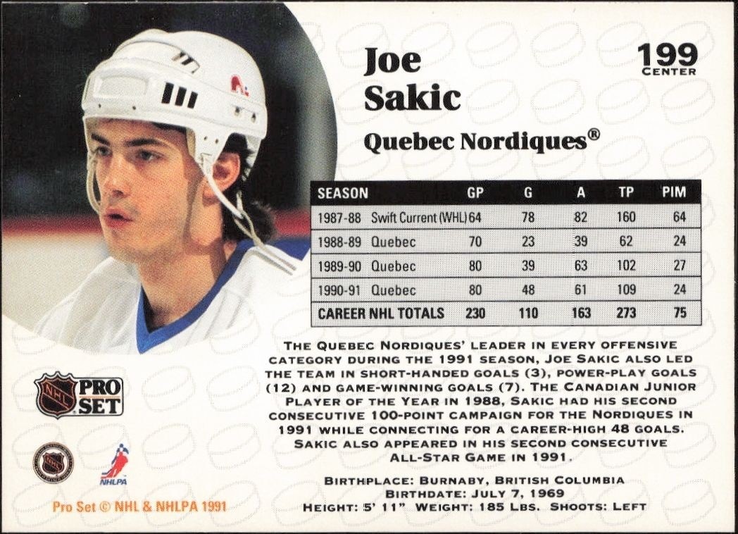 1991-92 Pro Set Joe Sakic #199 hockey trading card back