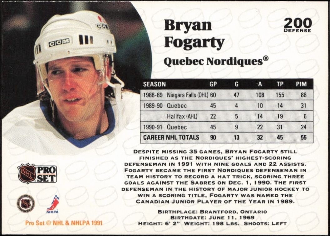 1991-92 Pro Set Bryan Fogarty #200 hockey trading card back