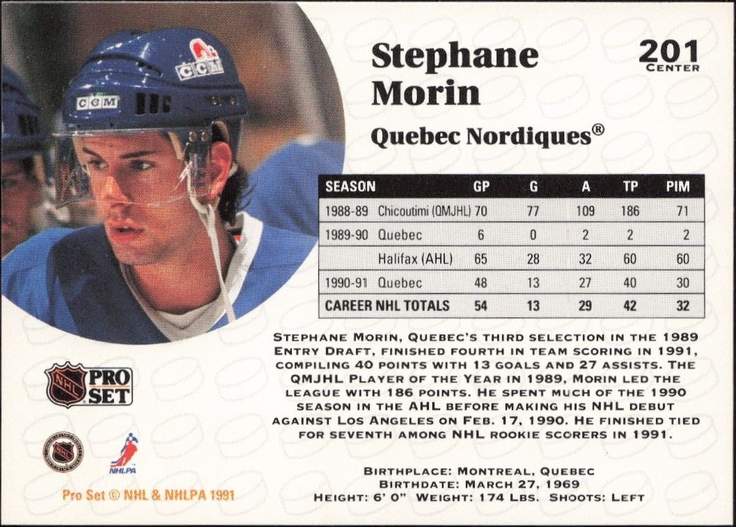 1991-92 Pro Set Stephane Morin #201 hockey trading card back