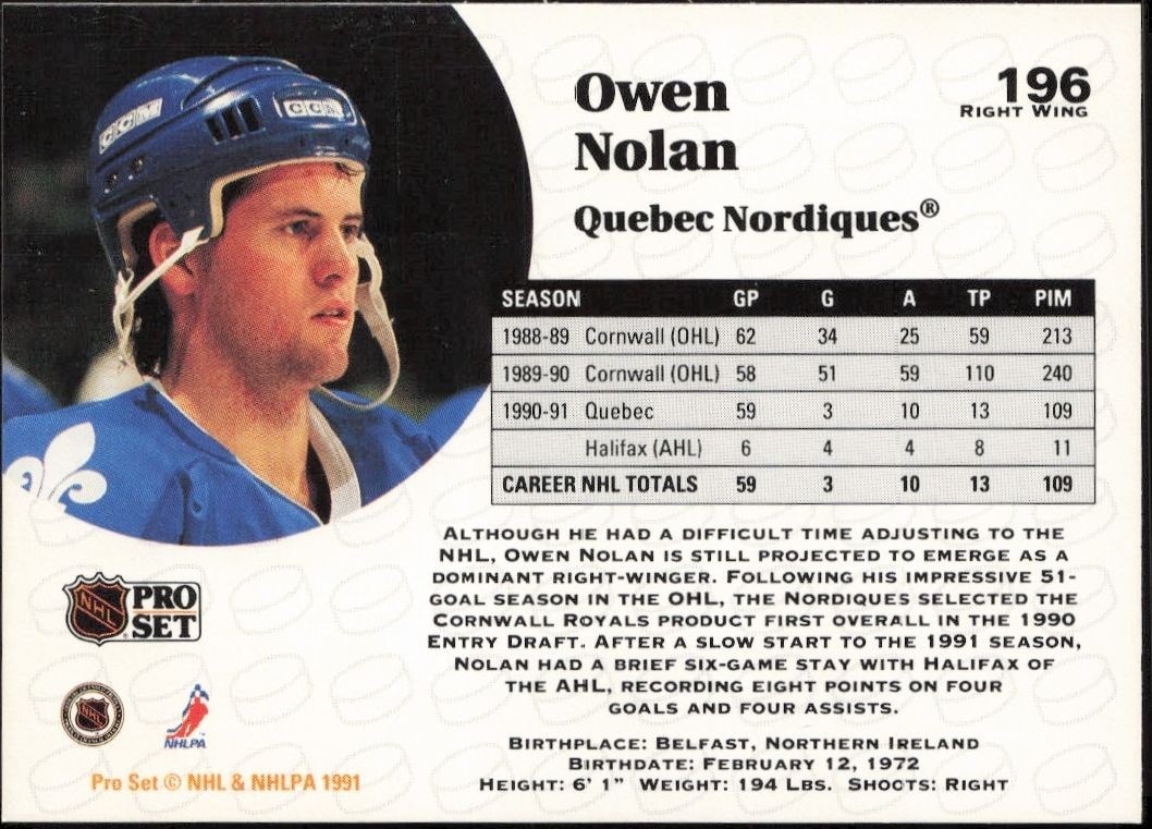 1991-92 Pro Set Owen Nolan #196 hockey trading card back