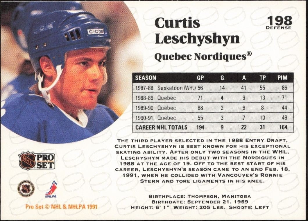 1991-92 Pro Set Curtis Leschyshyn #198 hockey trading card back