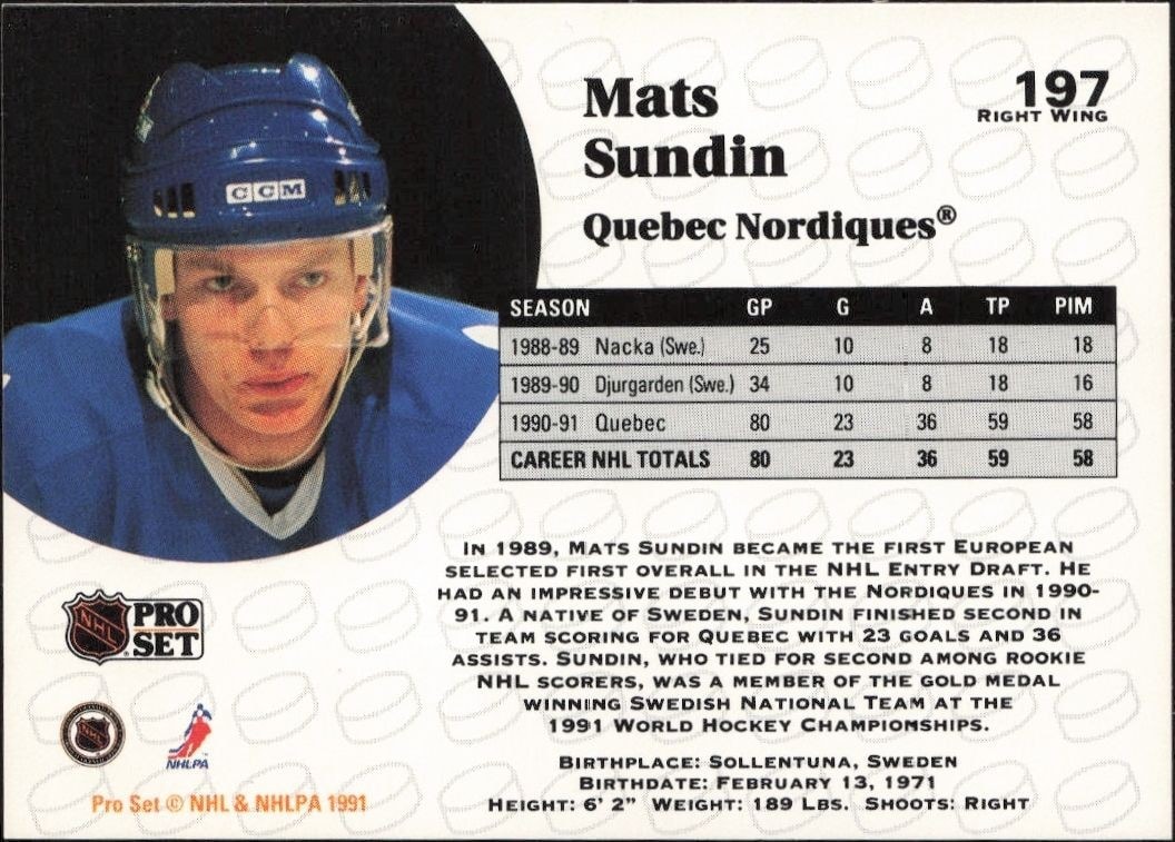 1991-92 Pro Set Mats Sundin #197 hockey trading card back
