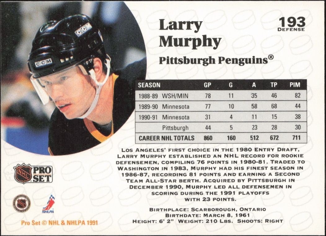 1991-92 Pro Set Larry Murphy #193 hockey trading card back