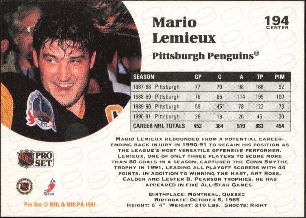 1991-92 Pro Set Mario Lemieux #194 hockey trading card back