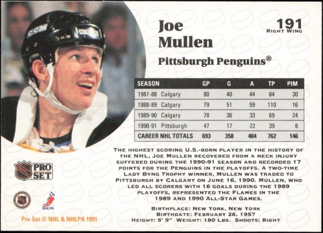 1991-92 Pro Set Joe Mullen #191 hockey trading card back