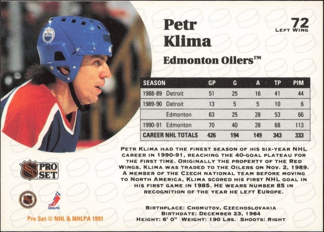 1991-92 Pro Set Petr Klima #72 hockey trading card back