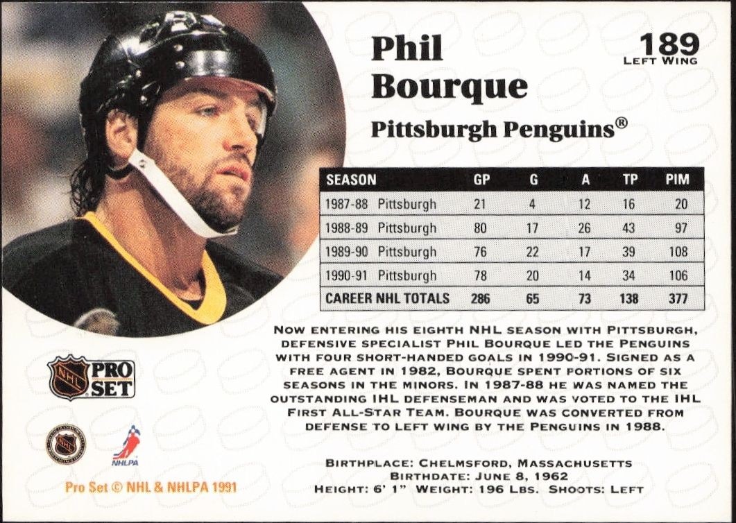 1991-92 Pro Set Phil Bourque #189 hockey trading card back