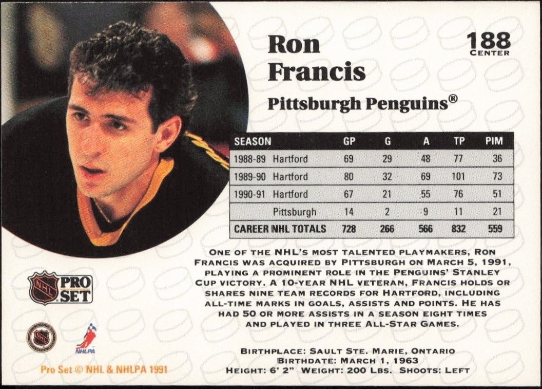 1991-92 Pro Set Ron Francis #188 hockey trading card back