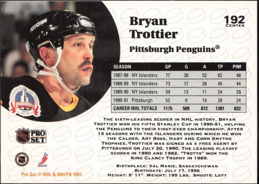 1991-92 Pro Set Bryan Trottier #192 hockey trading card back