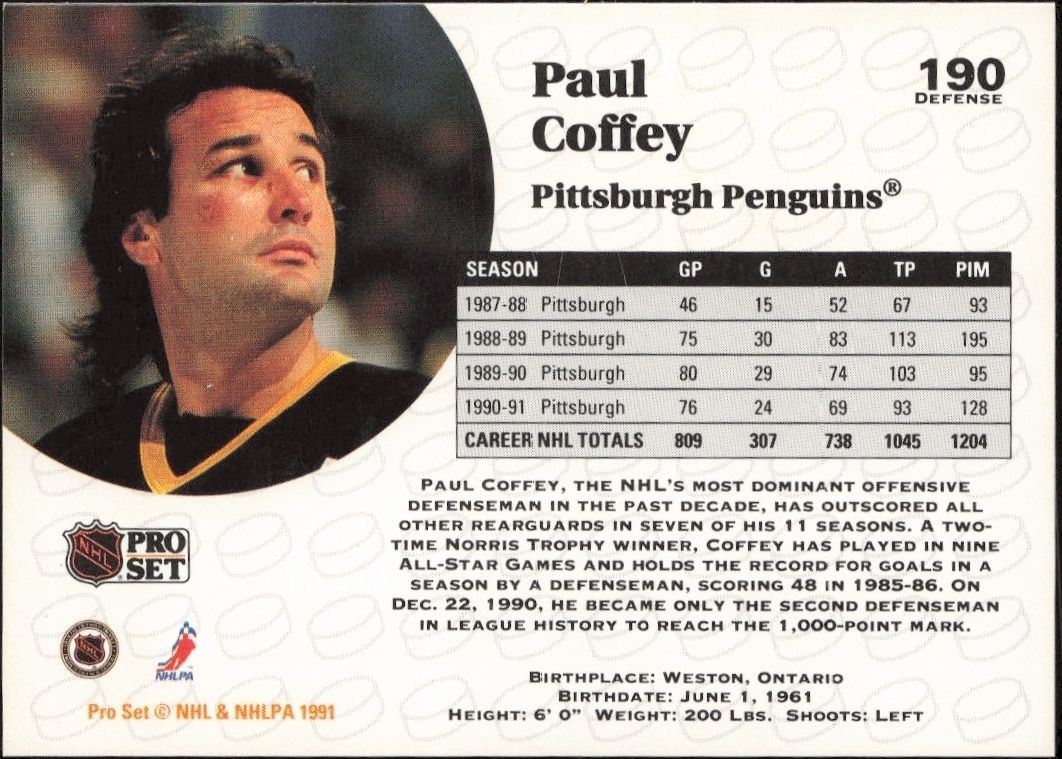 1991-92 Pro Set Paul Coffey #190 hockey trading card back