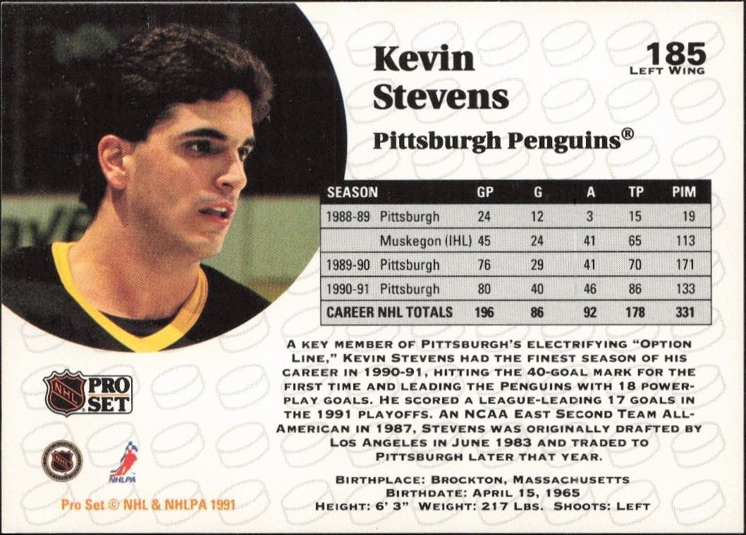 1991-92 Pro Set Kevin Stevens #185 hockey trading card back