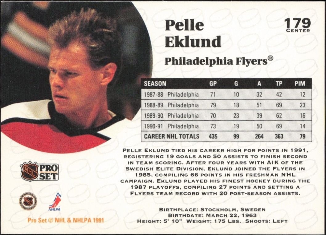 1991-92 Pro Set Pelle Eklund #179 hockey trading card back