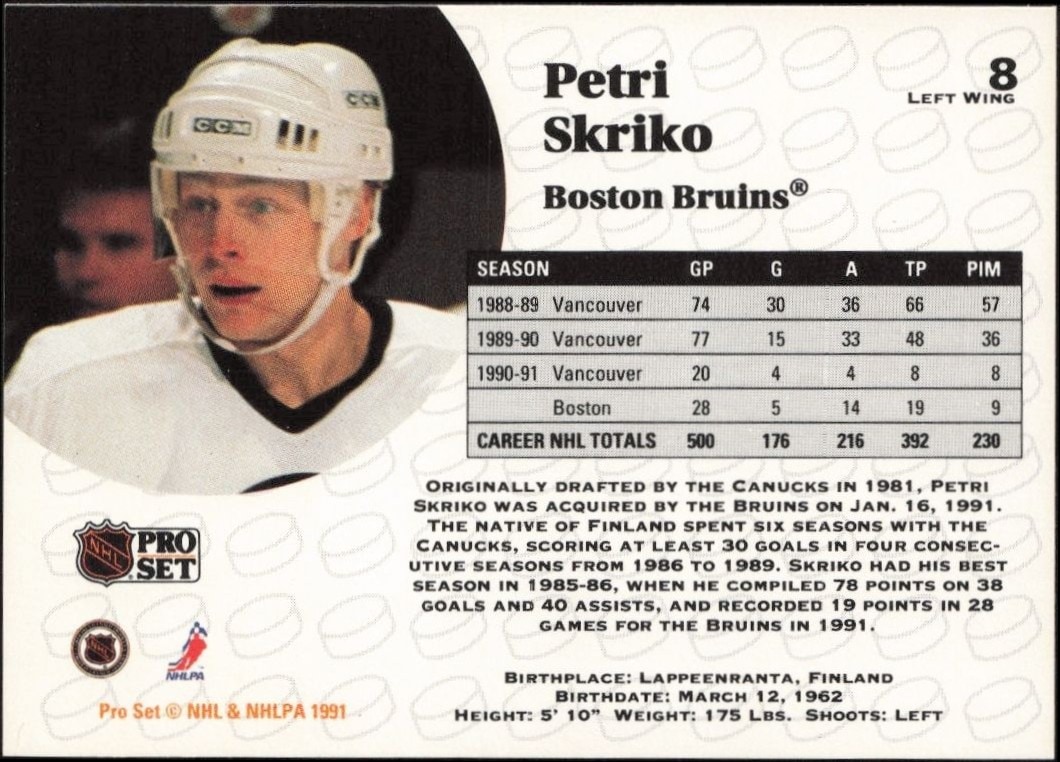 1991-92 Pro Set Petri Skriko #8 hockey trading card back