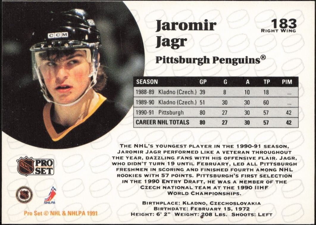 1991-92 Pro Set Jaromir Jagr #183 hockey trading card back