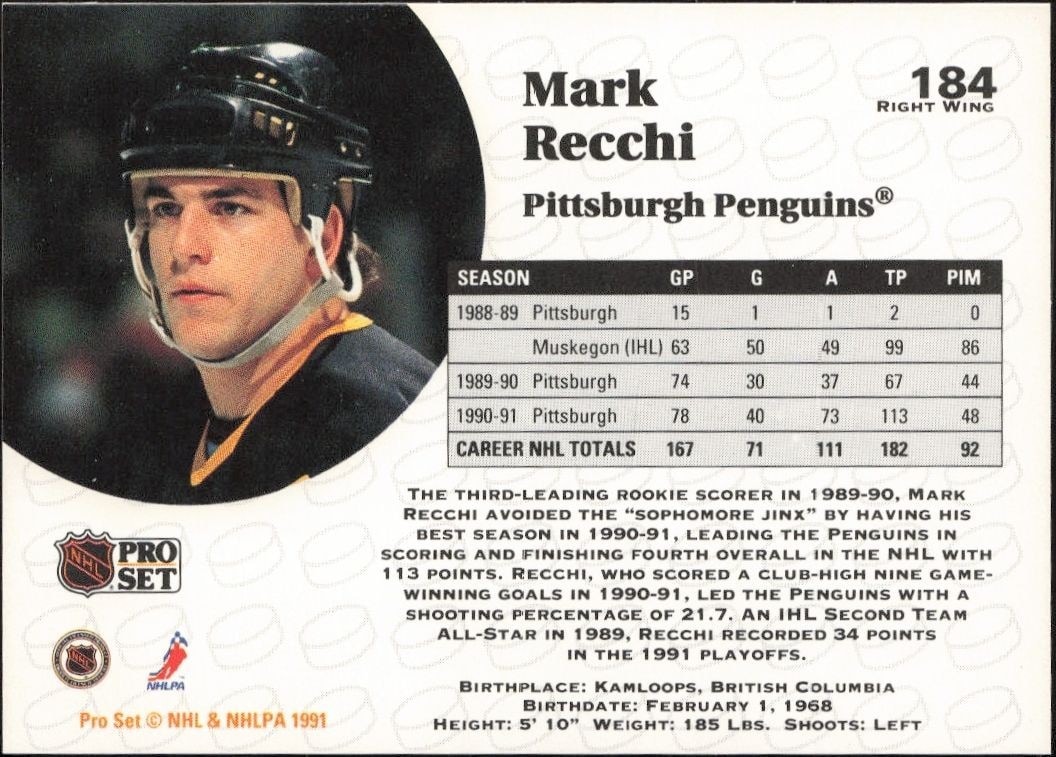 1991-92 Pro Set Mark Recchi #184 hockey trading card back
