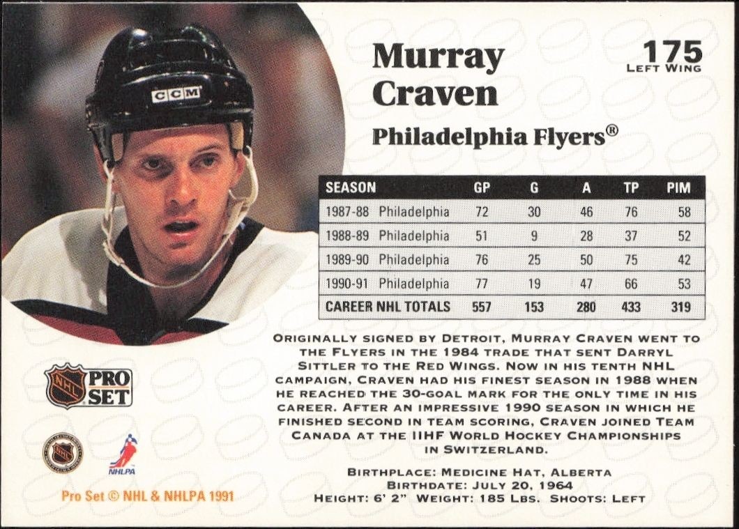 1991-92 Pro Set Murray Craven #175 hockey trading card back
