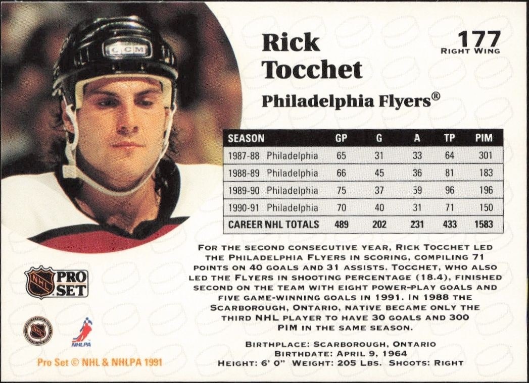 1991-92 Pro Set Rick Tocchet #177 hockey trading card back