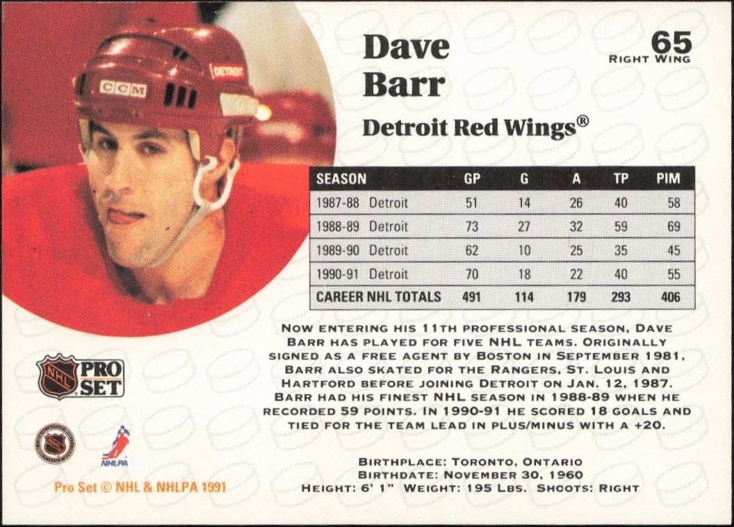 1991-92 Pro Set Dave Barr #65 hockey trading card back