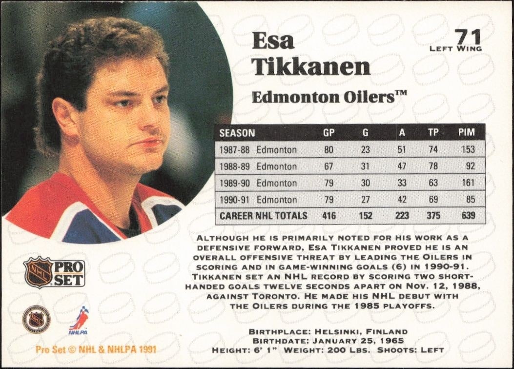 1991-92 Pro Set Esa Tikkanen #71 hockey trading card back