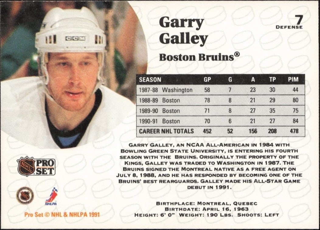 1991-92 Pro Set Garry Galley #7 hockey trading card back