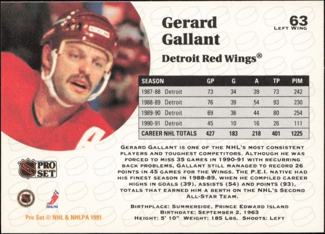 1991-92 Pro Set Gerard Gallant #63 hockey trading card back
