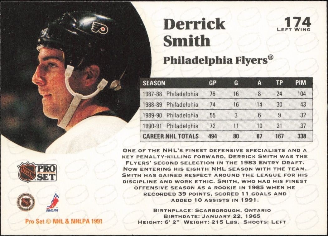 1991-92 Pro Set Derrick Smith #174 hockey trading card back