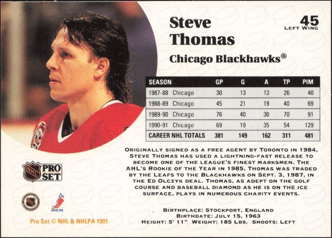 1991-92 Pro Set Steve Thomas #45 hockey trading card back
