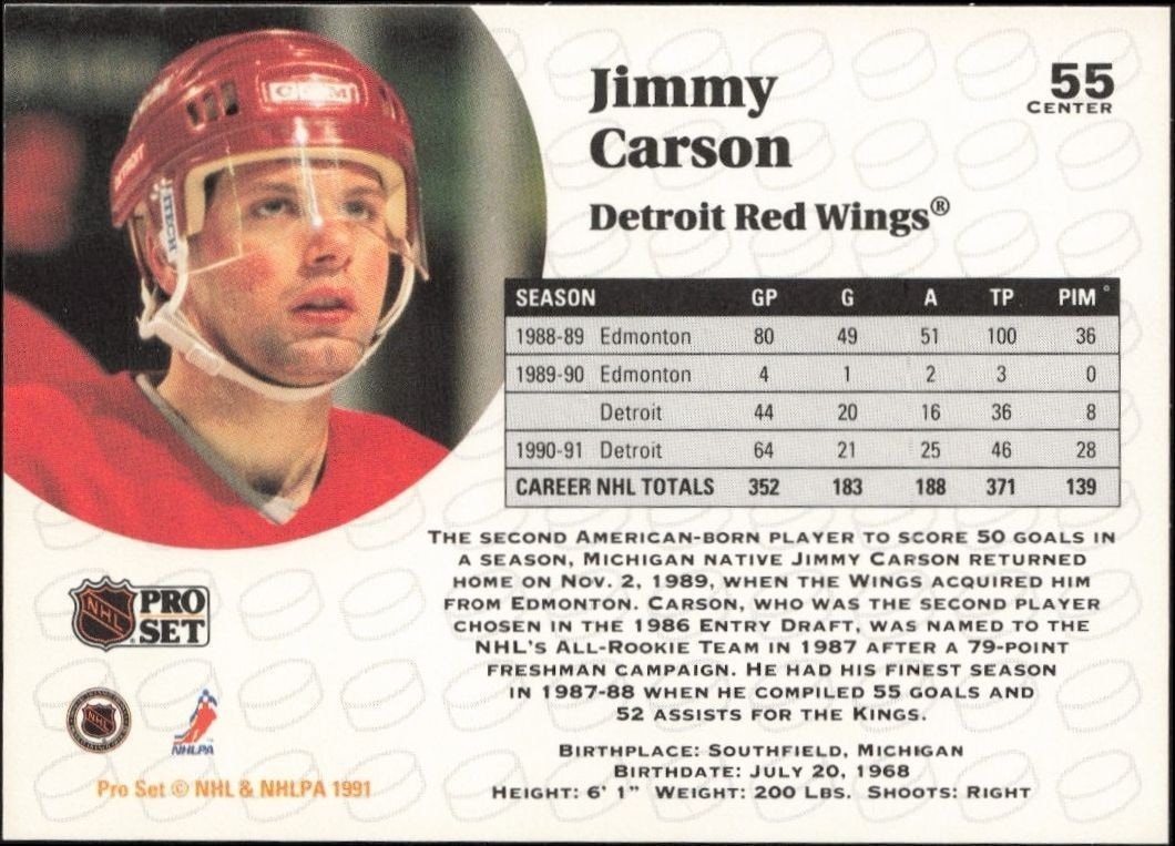 1991-92 Pro Set Jimmy Carson #55 hockey trading card back