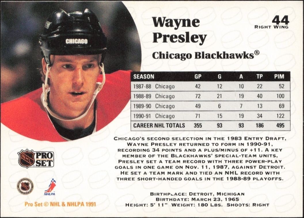 1991-92 Pro Set Wayne Presley #44 hockey trading card back