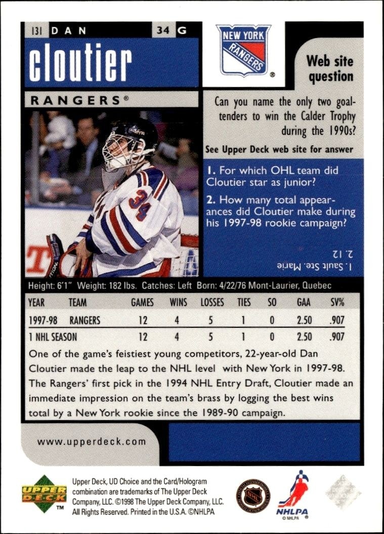 1998-99 Upper Deck Choice Dan Cloutier #131 hockey trading card back