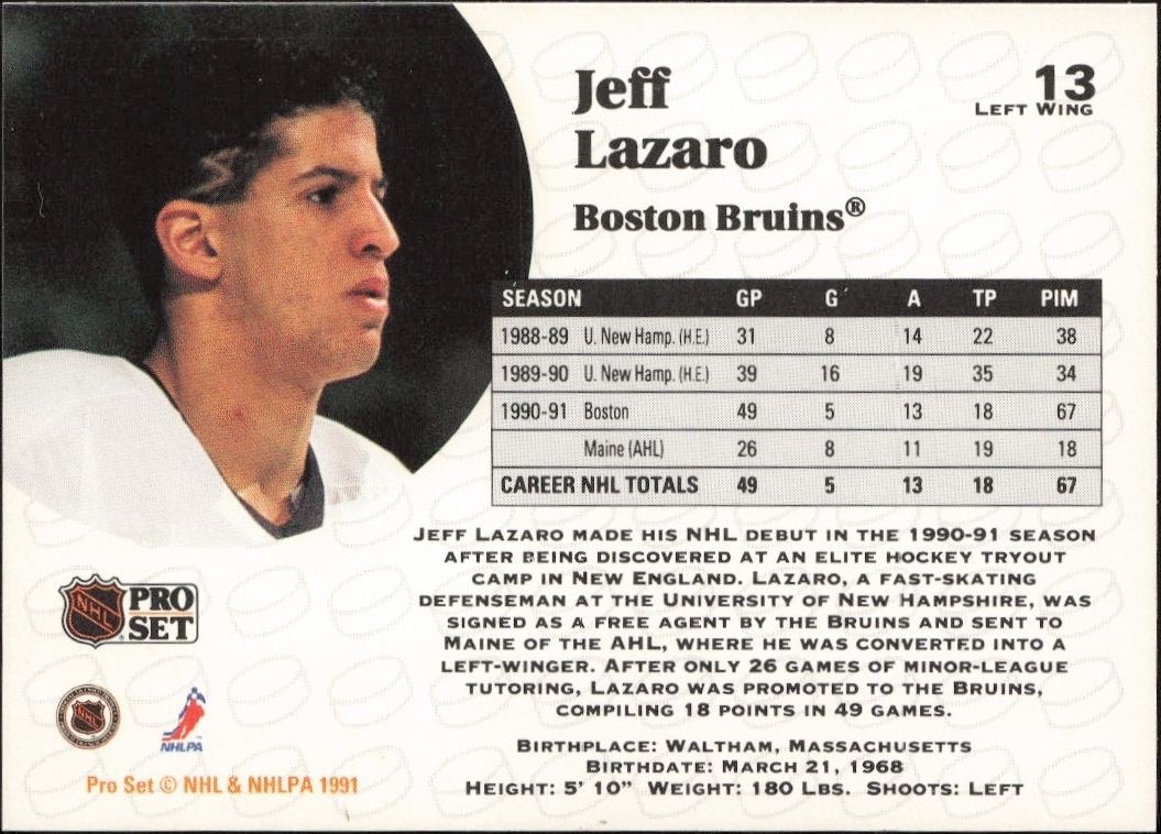 1991-92 Pro Set Jeff Lazaro #13 hockey trading card back