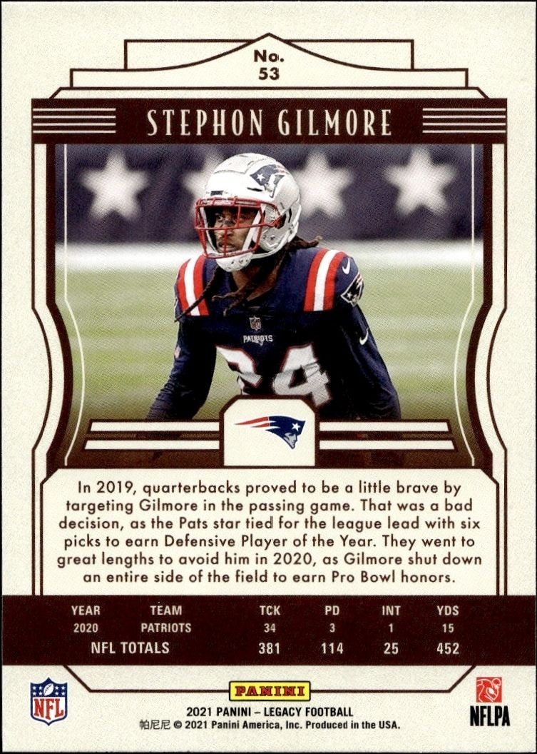2021 Panini Stephon Gilmore #53 football trading card back