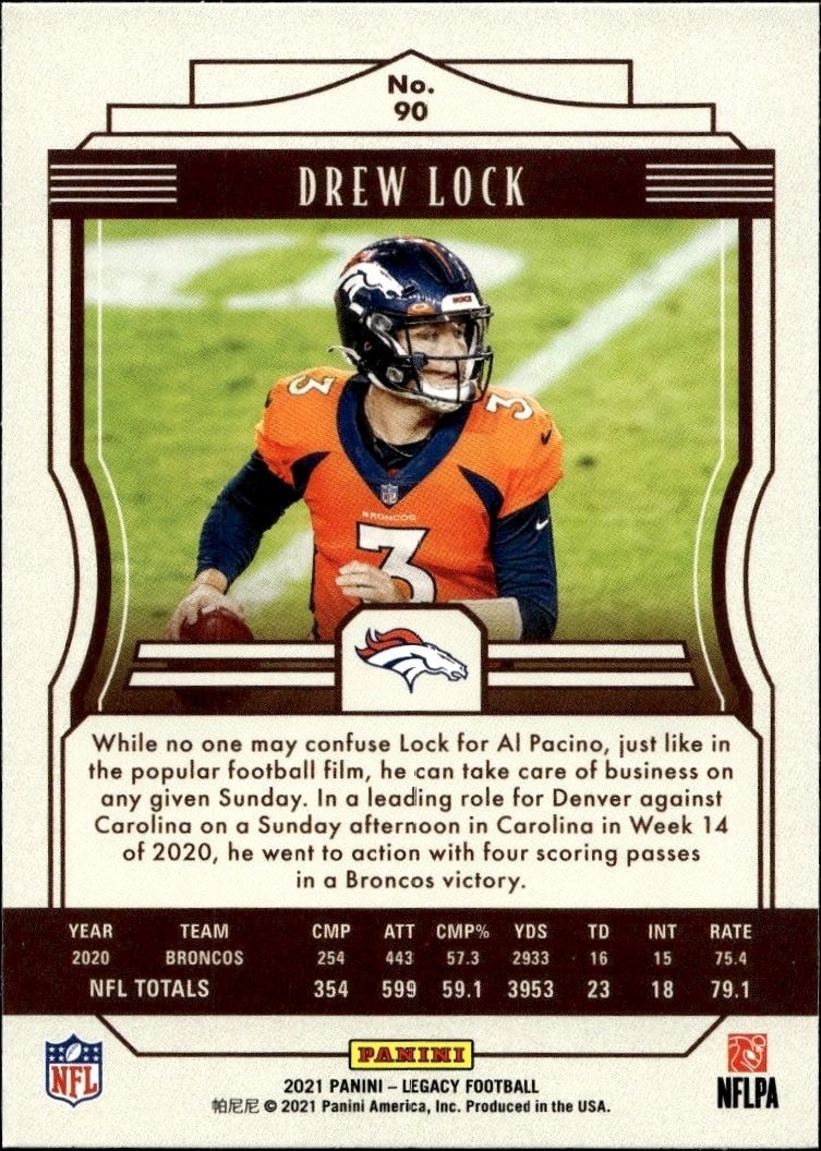 2021 Panini Drew Lock #90 football trading card back