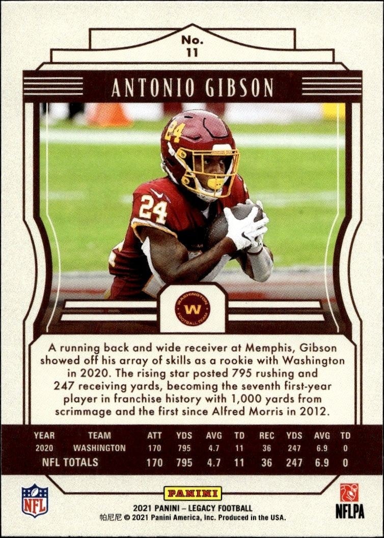 2021 Panini Antonio Gibson #11 football trading card back