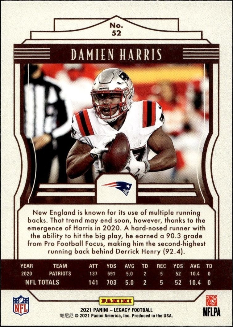 2021 Panini Damien Harris #52 football trading card back