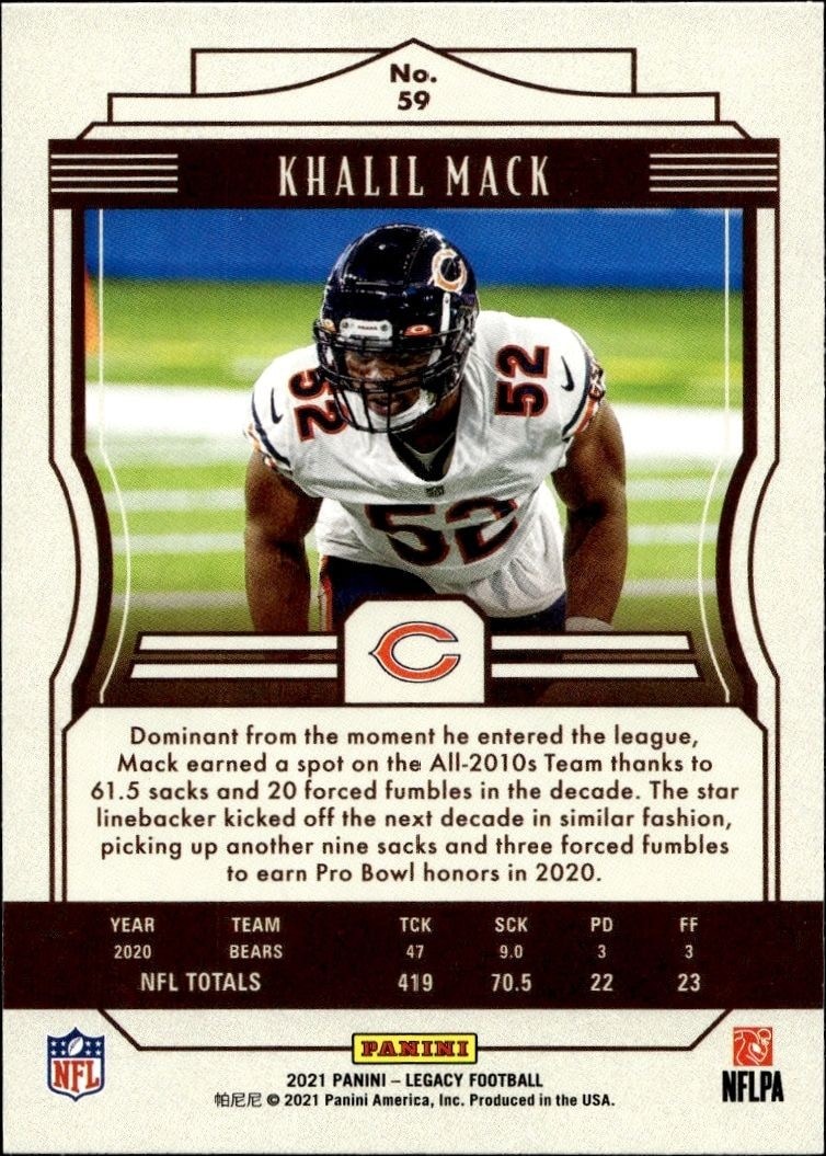 2021 Panini Khalil Mack #59 football trading card back
