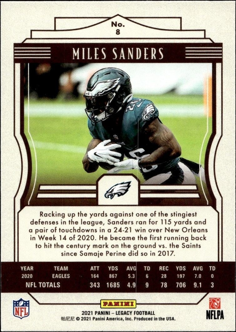 2021 Panini Miles Sanders #8 football trading card back