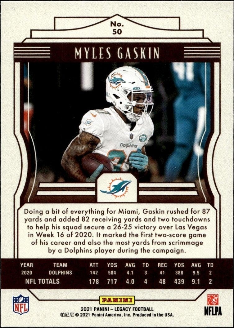 2021 Panini Myles Gaskin #50 football trading card back