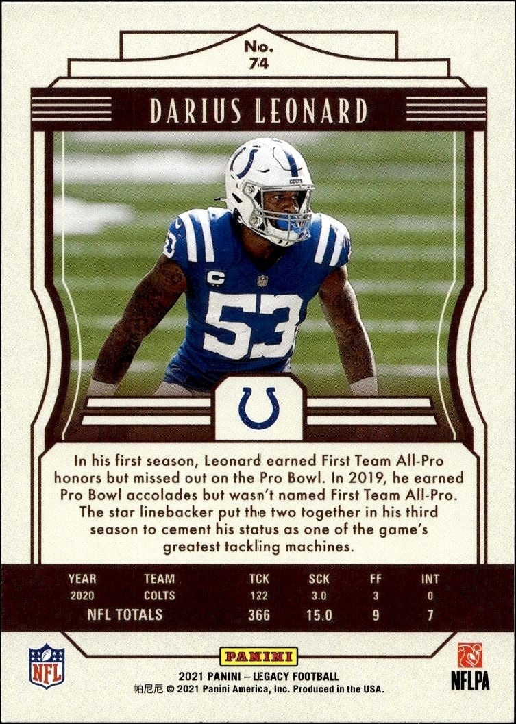 2021 Panini Darius Leonard #74 football trading card back