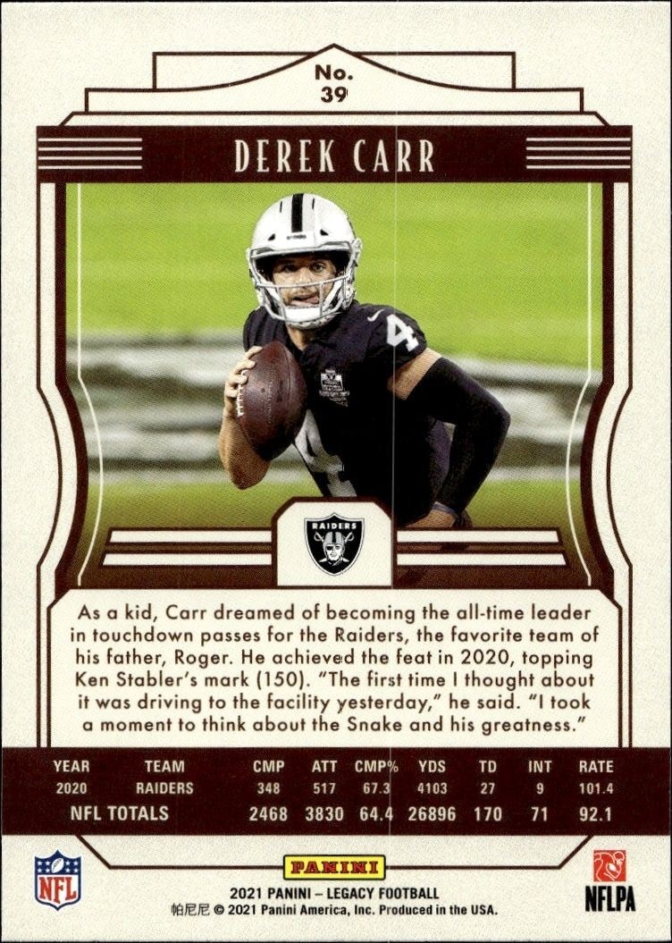 2021 Panini Derek Carr #39 football trading card back