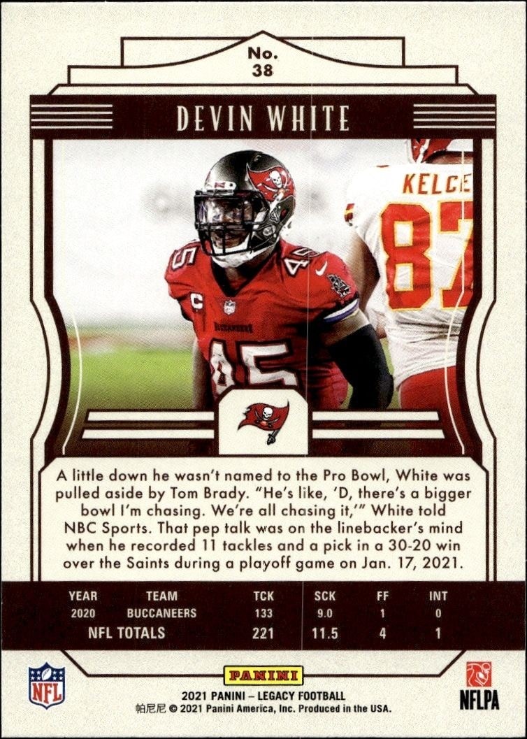 2021 Panini Devin White #38 football trading card back