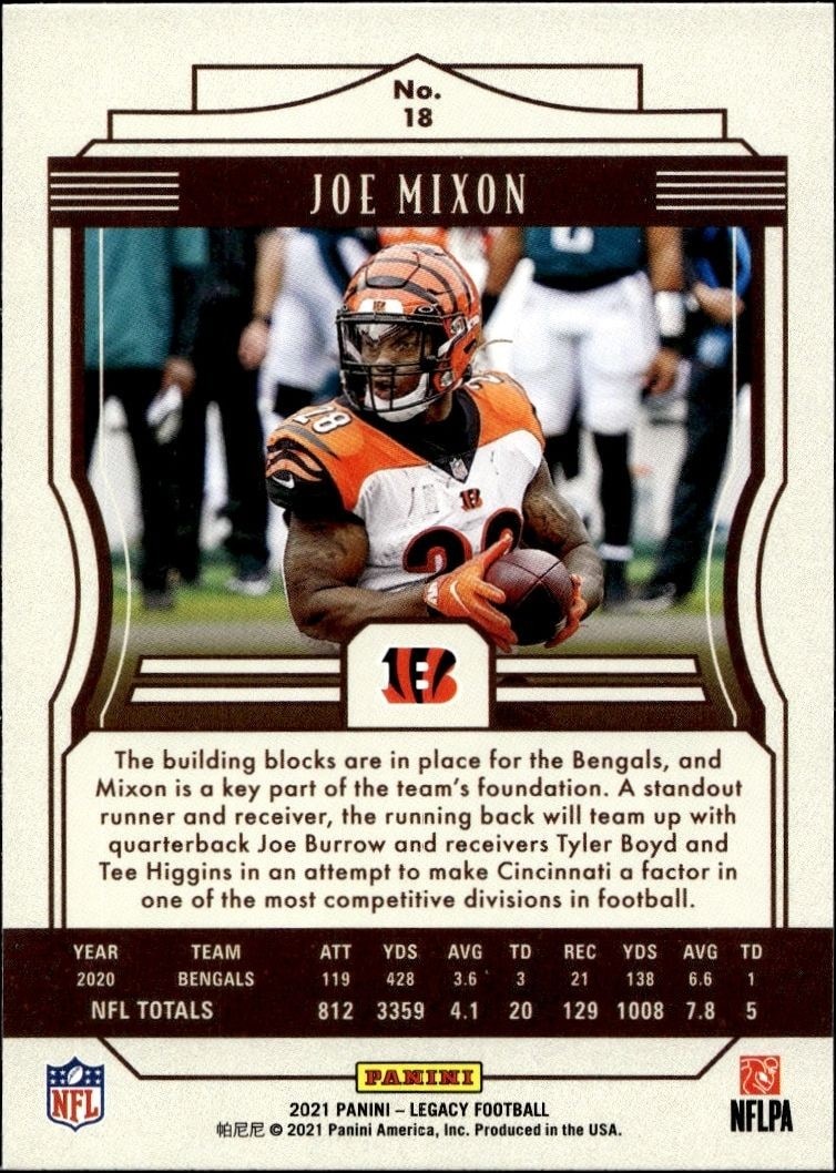 2021 Panini Joe Mixon #18 football trading card back
