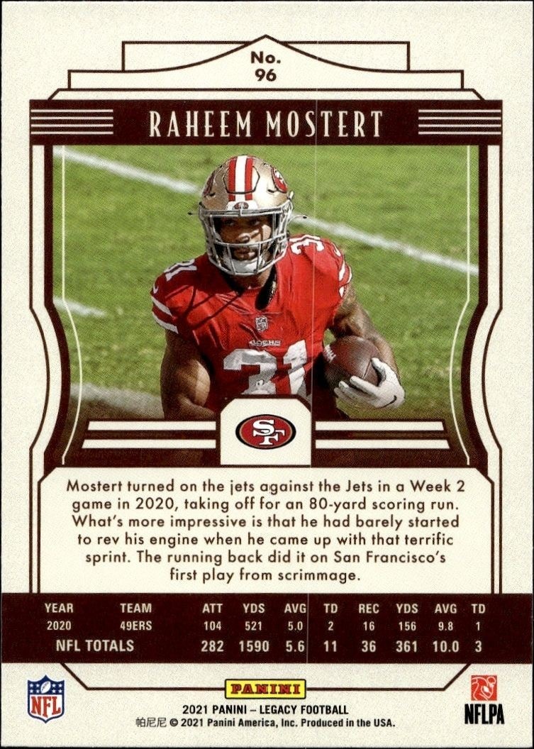 2021 Panini Raheem Mostert #96 football trading card back